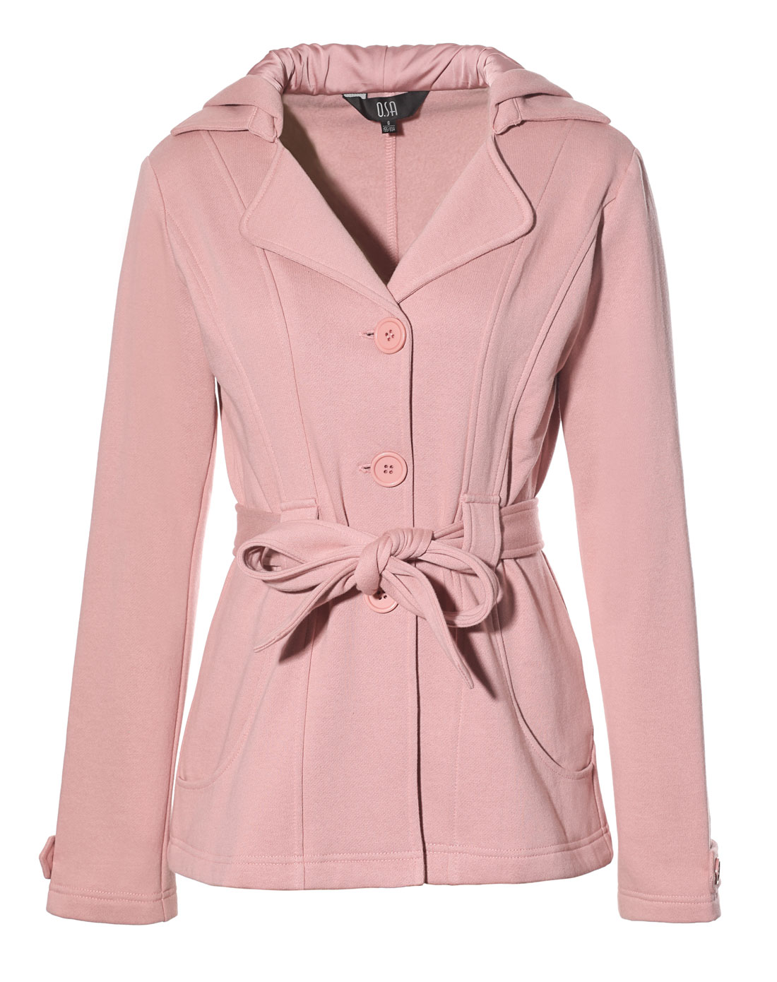 粉色修身翻驳领连帽外套