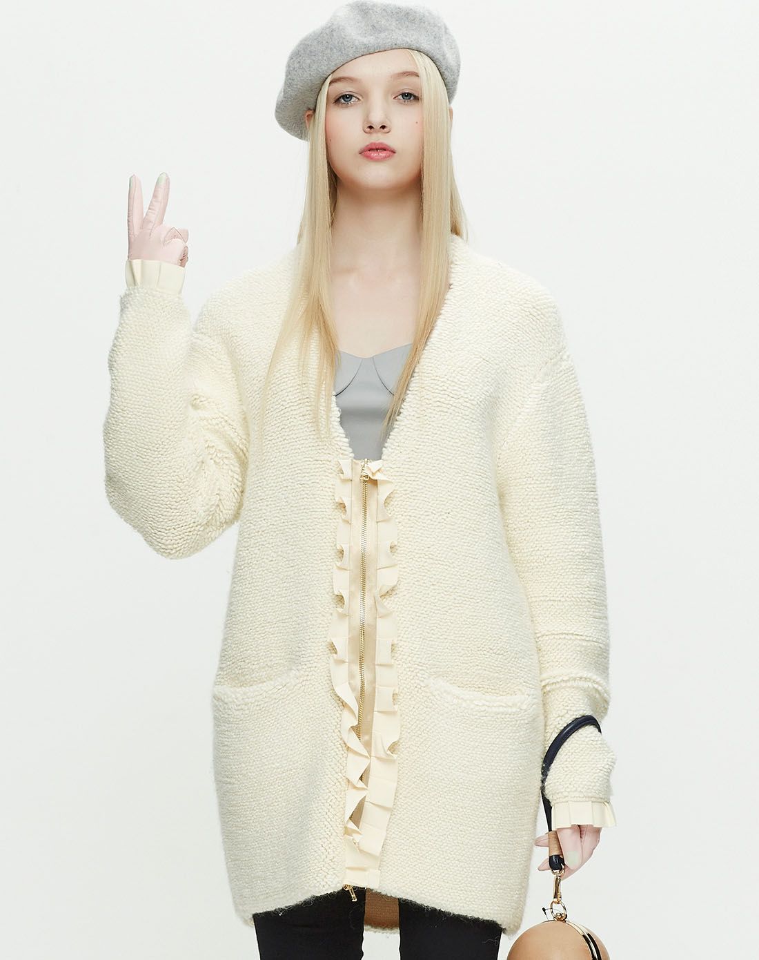 v领中长款廓形拉链款毛衣外套