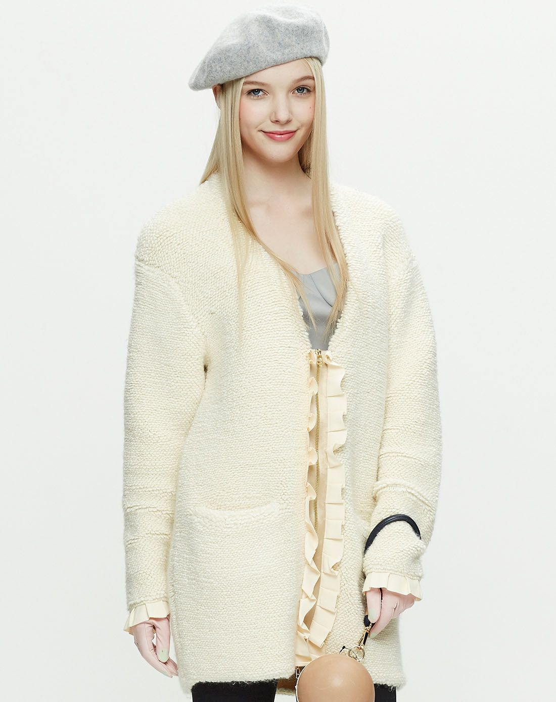 v领中长款廓形拉链款毛衣外套