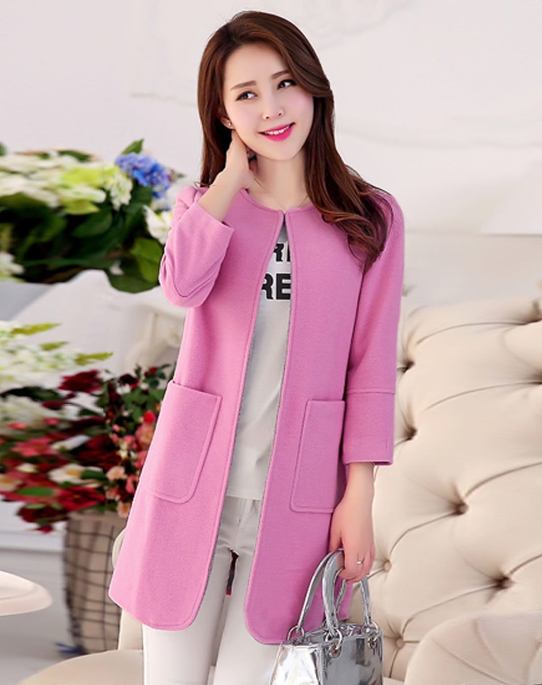 女玫粉色简约圆领修身纯色毛呢大衣