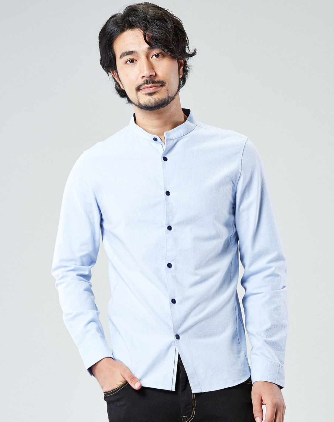 天空蓝纯棉磨毛牛津纺小立领衬衫