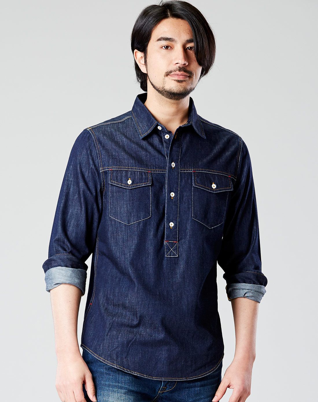 纯棉半开襟修身牛仔衬衫