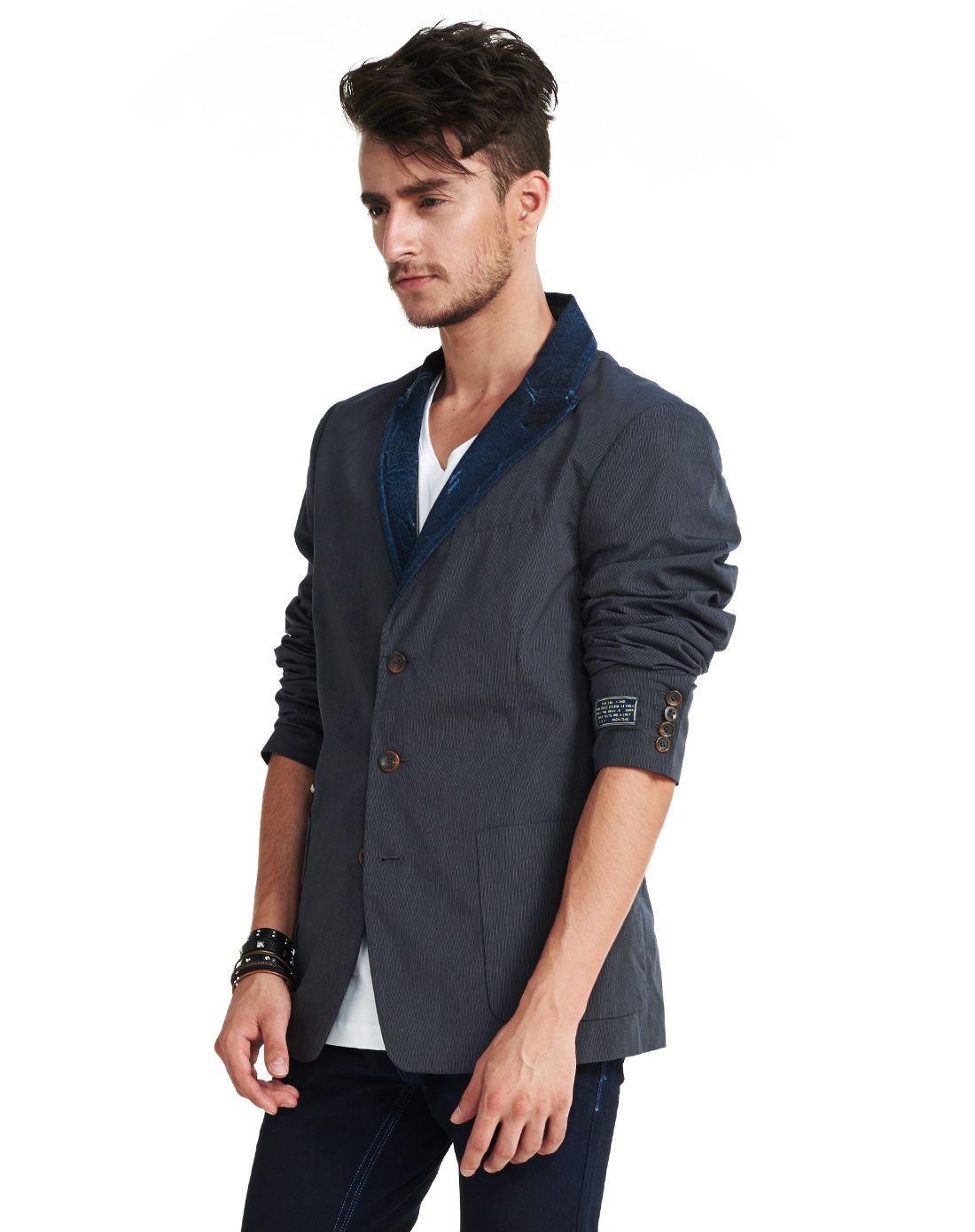 男款蓝灰色拼接简约西服外套