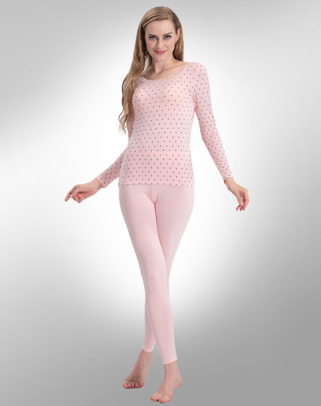 梦特娇女款绣花边长袖莫代尔内衣套装粉红