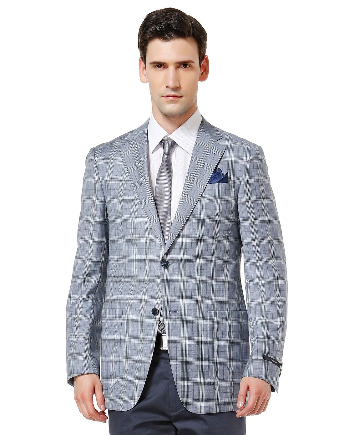 蓝色时尚格纹长袖西装