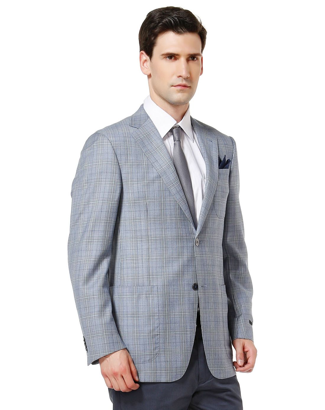 蓝色时尚格纹长袖西装