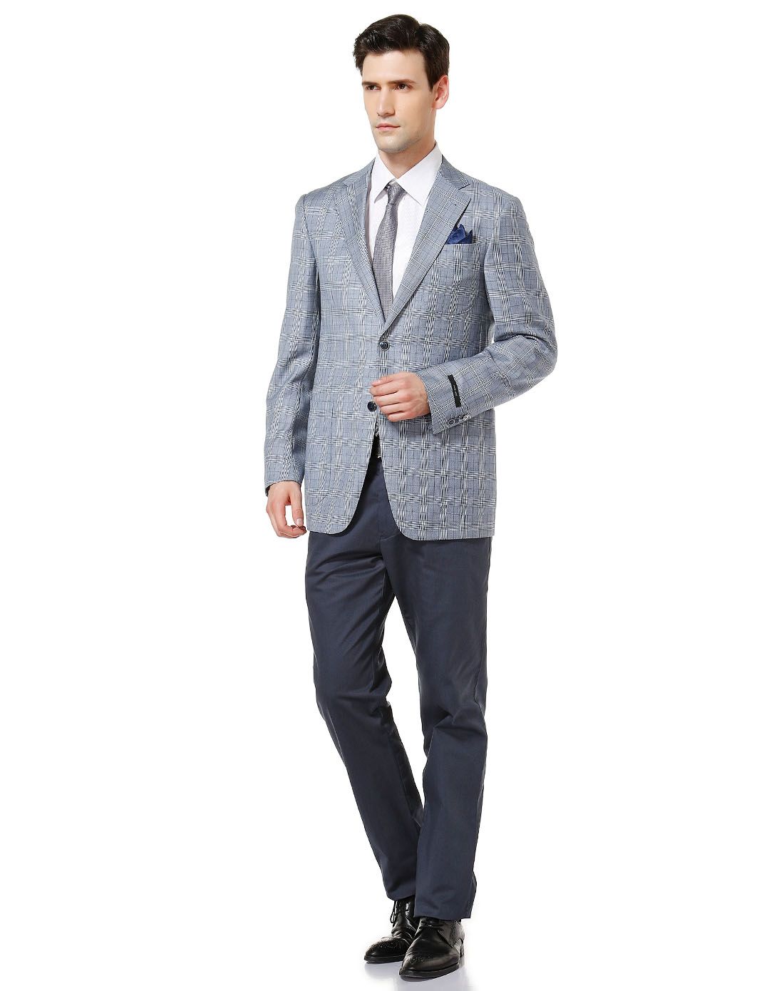 蓝色时尚格纹长袖西装