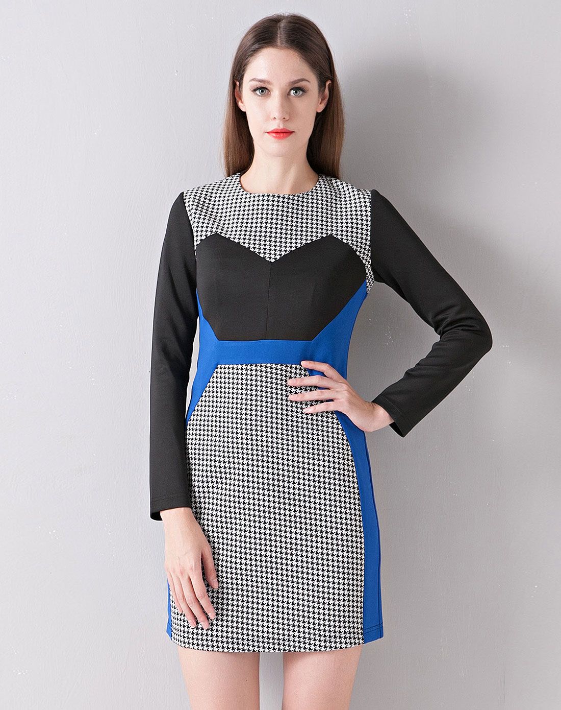 isabelle blanche女装专场 > 经典千鸟格纹拼接连衣裙