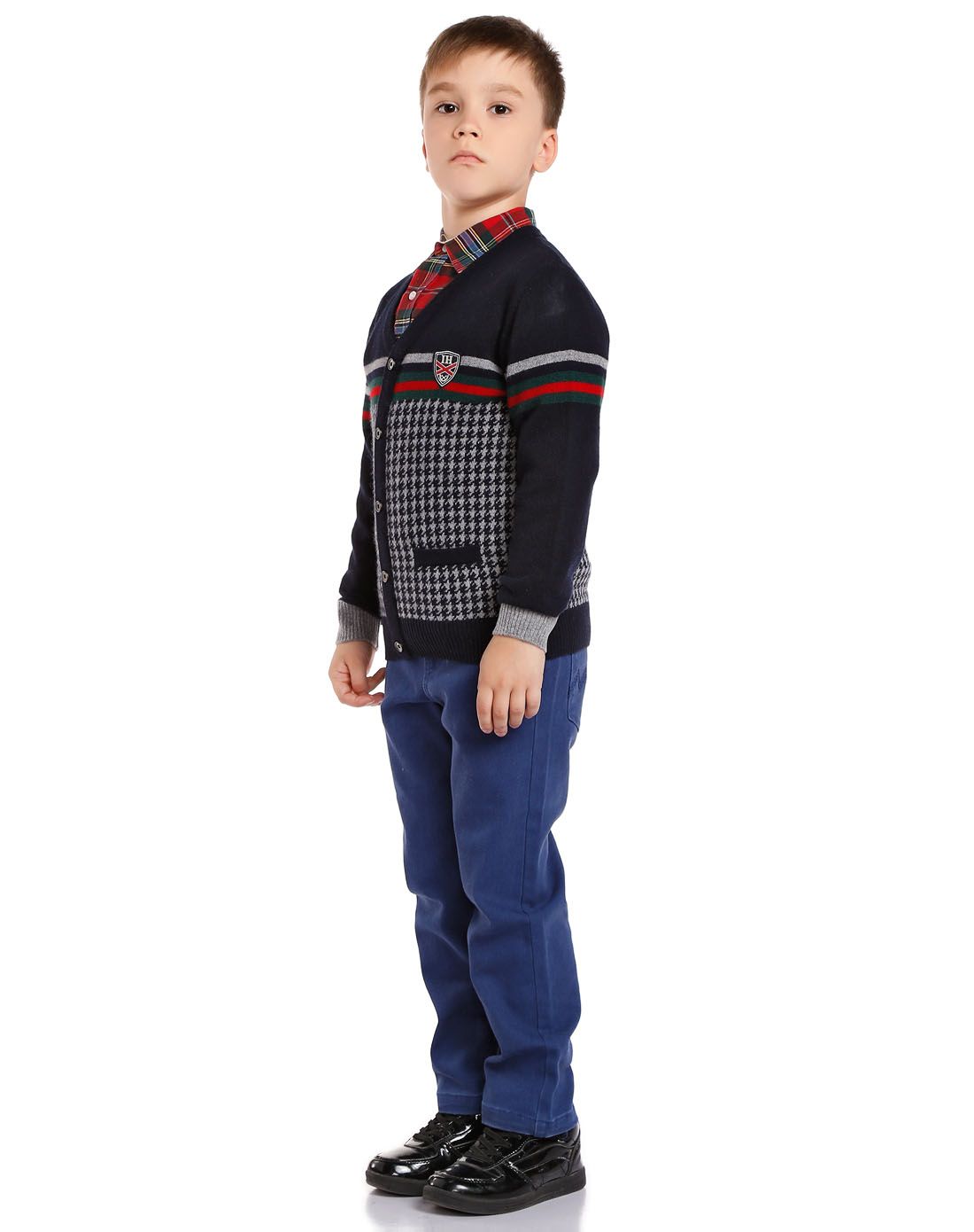 > 男童深蓝色时尚千鸟格长袖毛衣