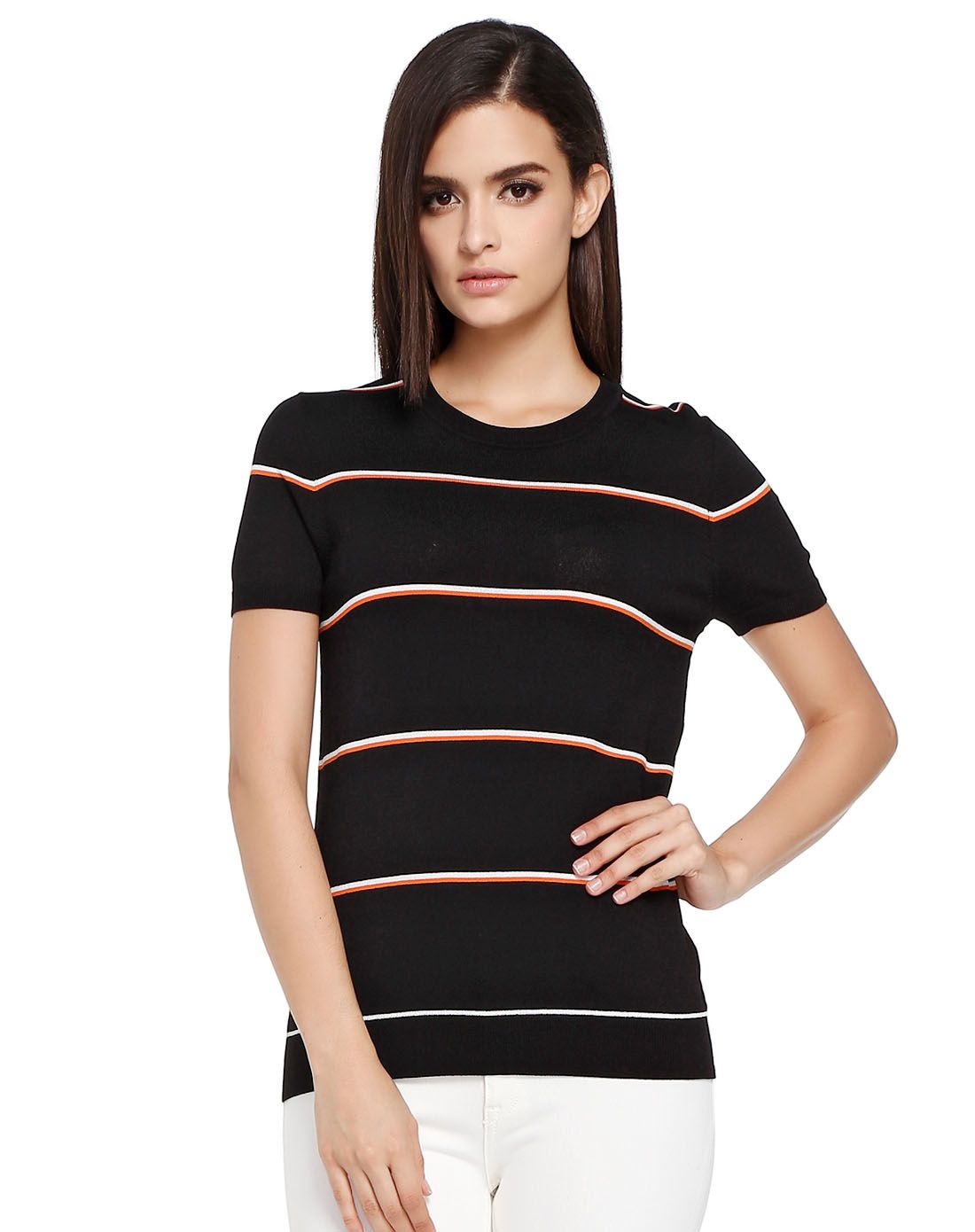 哥弟girdear橙/黑色条纹时尚短袖针织衫