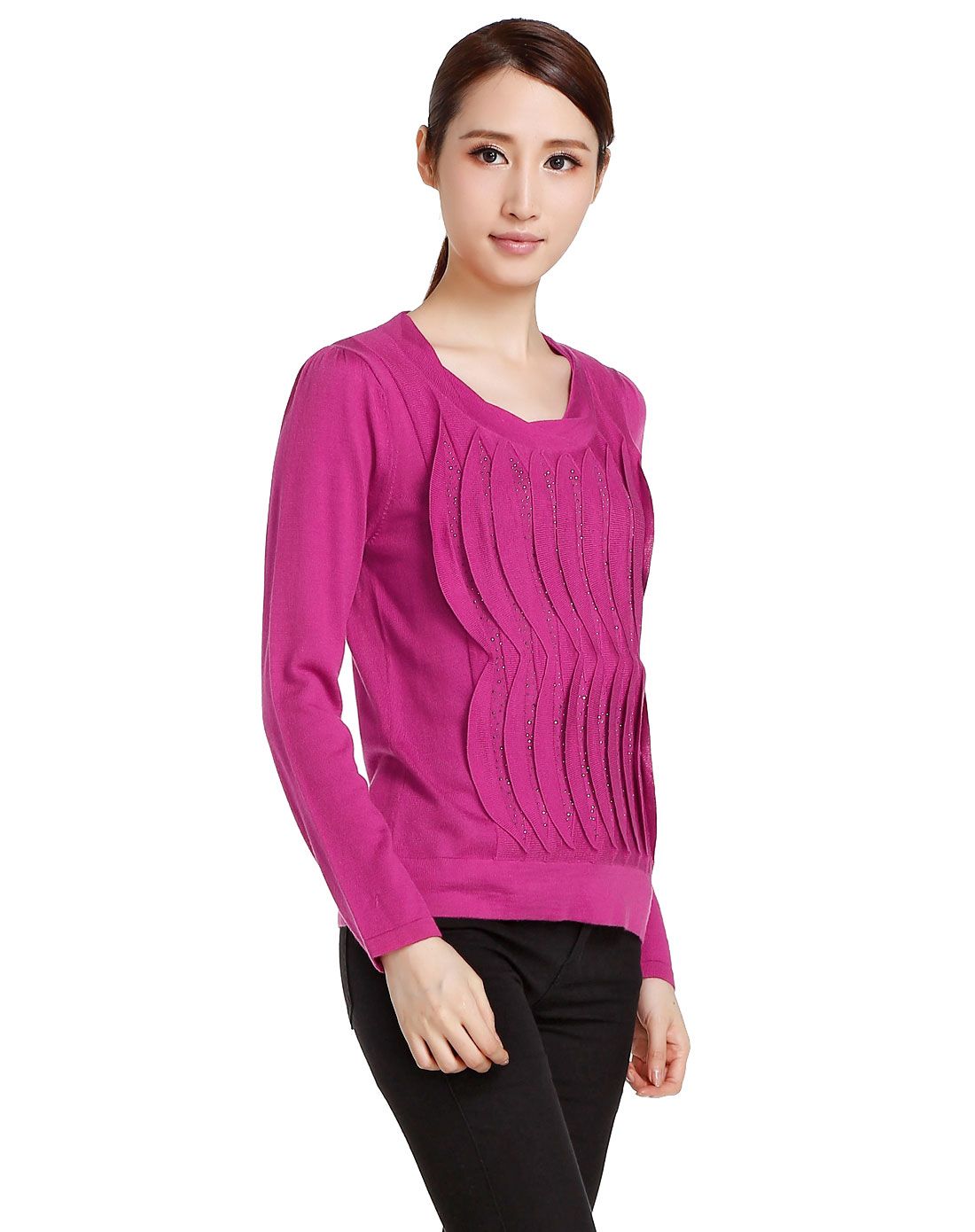 浅紫红色优雅知性长袖针织衫