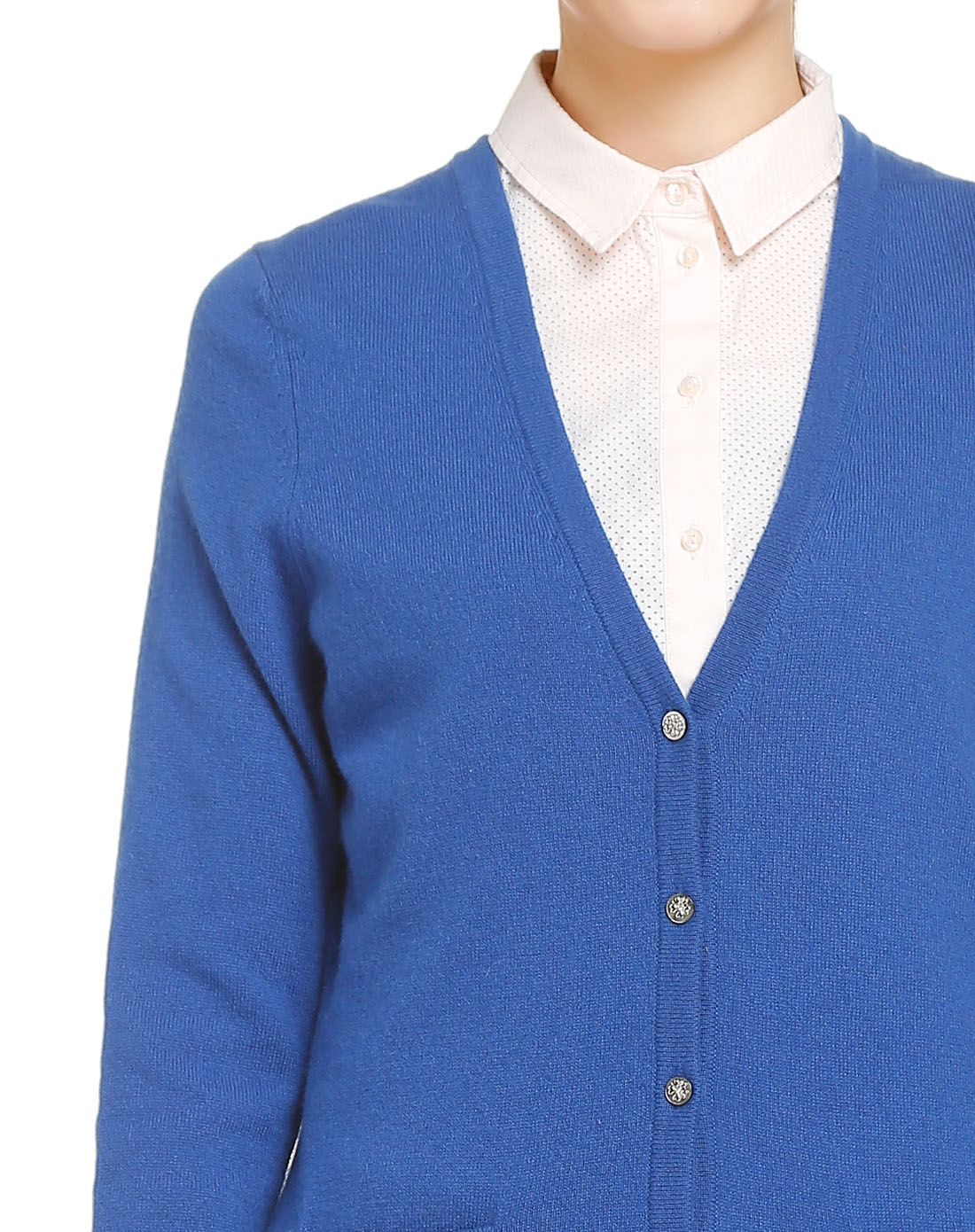 女中酞蓝v领女开衫