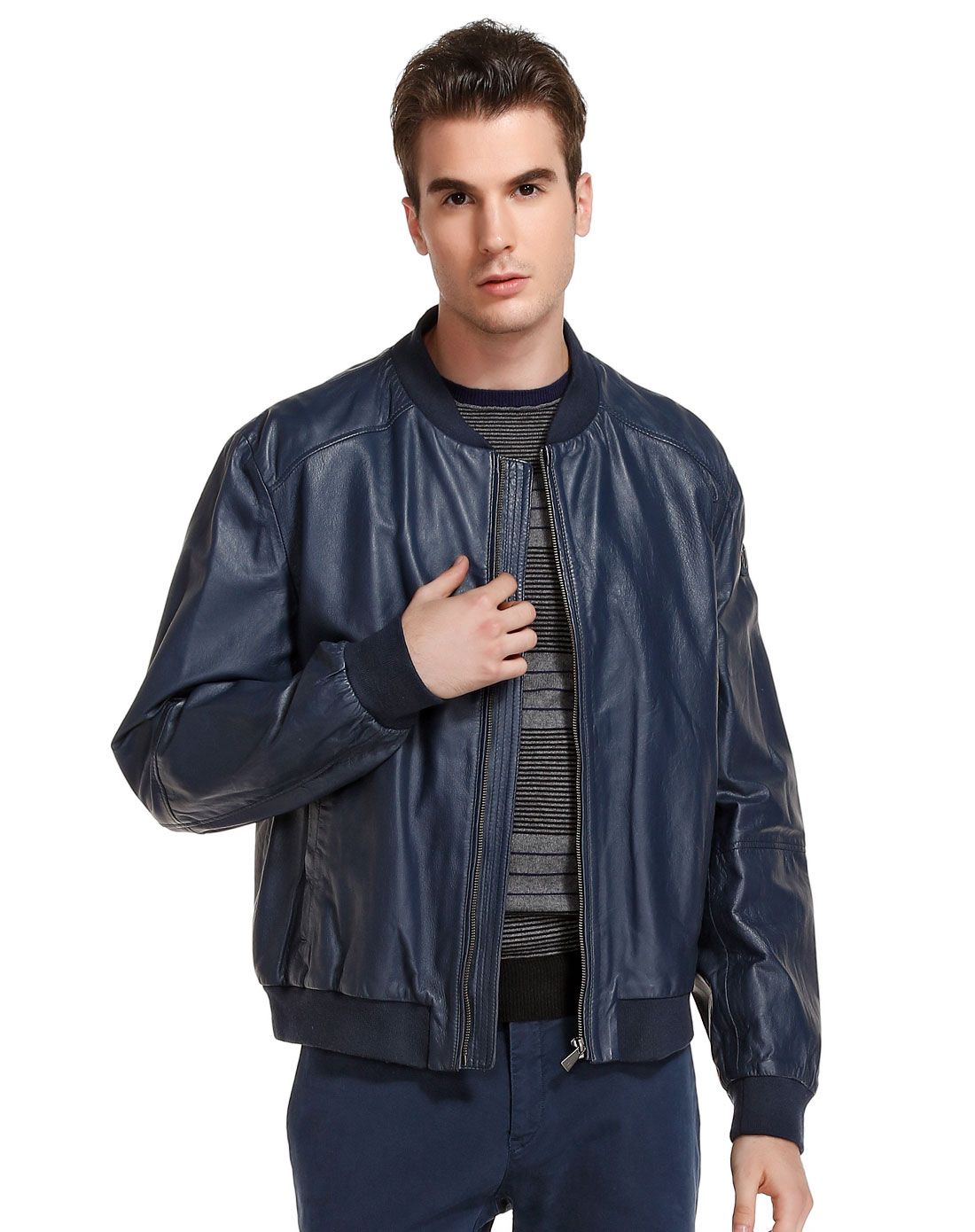 杜鲁萨迪trussardi旗下男女男款深蓝色简洁百搭小立领长袖皮衣t52es00