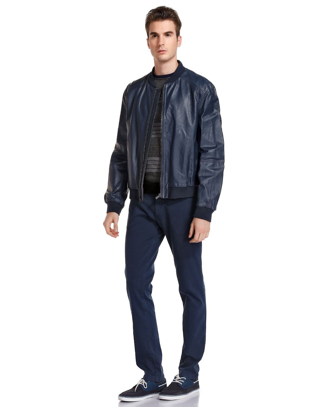 杜鲁萨迪trussardi旗下男女男款深蓝色简洁百搭小立领长袖皮衣t52es00