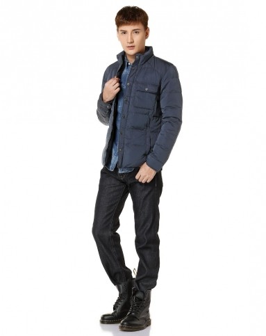 男款灰蓝色经典休闲长袖羽绒服