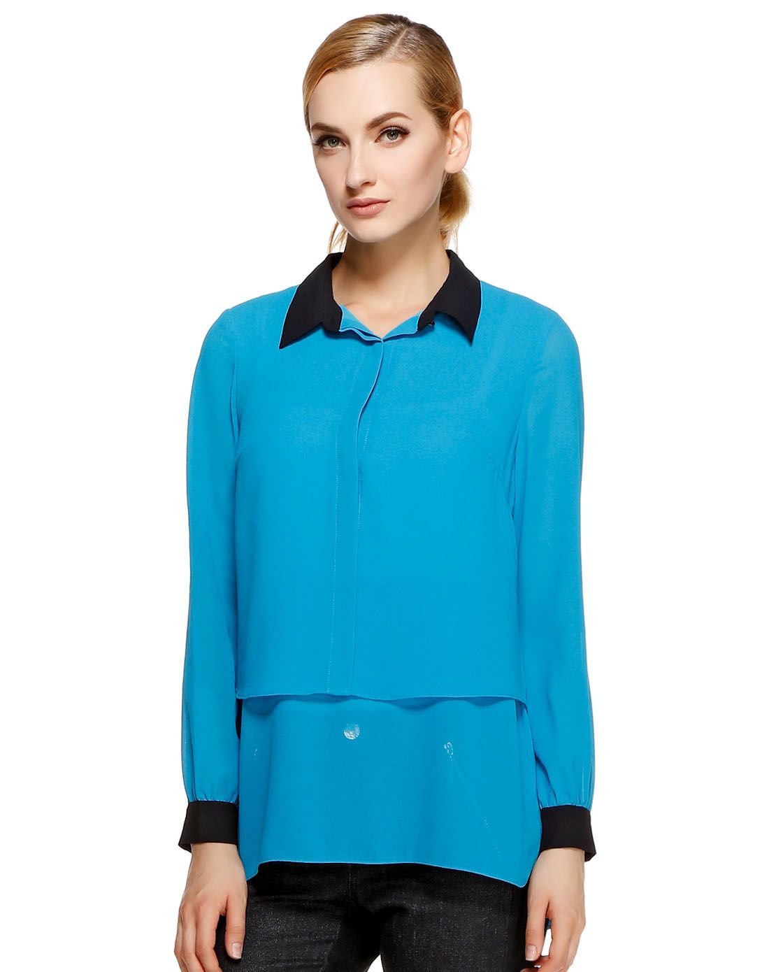 湖蓝色商务休闲半开襟长袖上衣