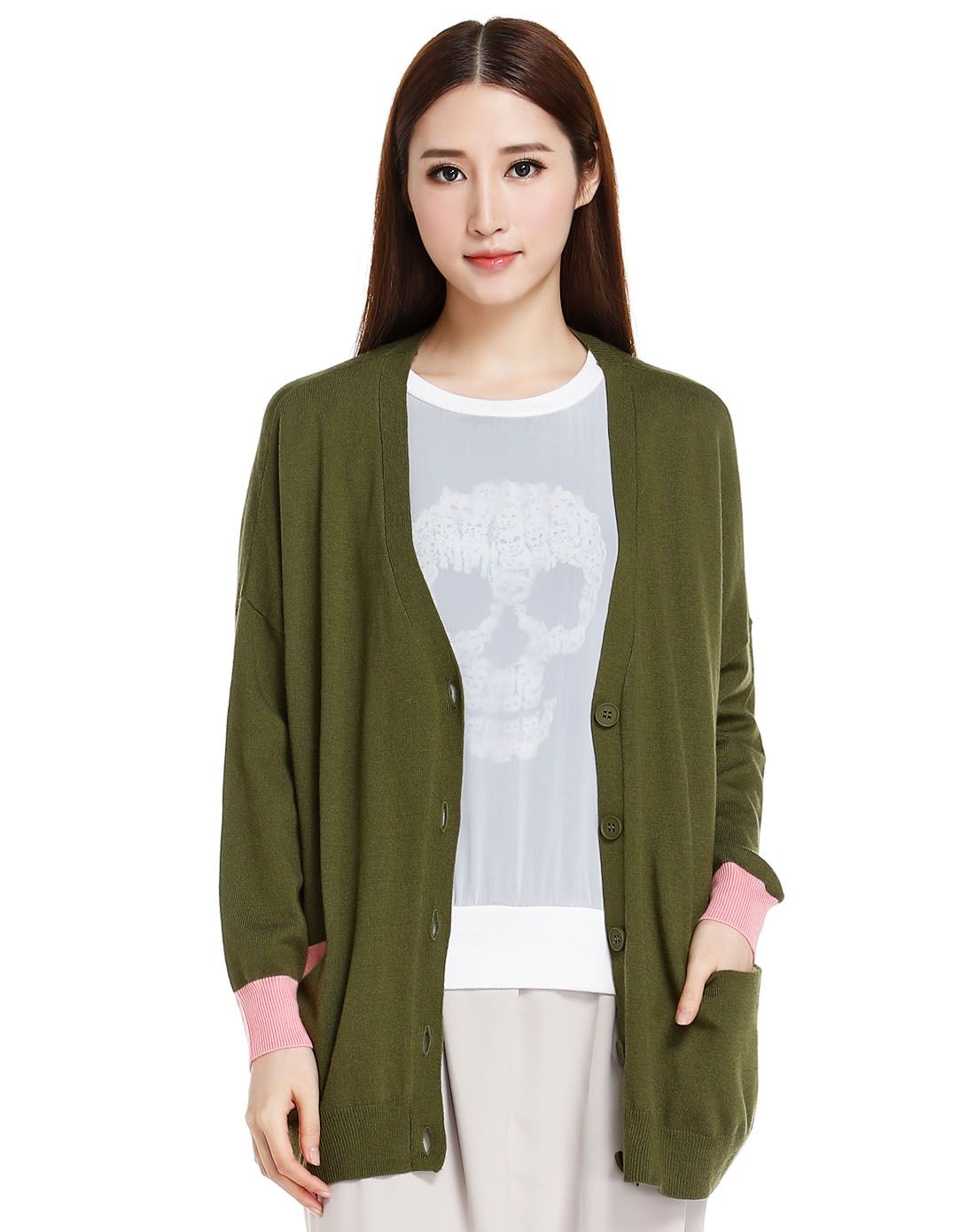 绿色淑女舒适开襟长袖针织衫