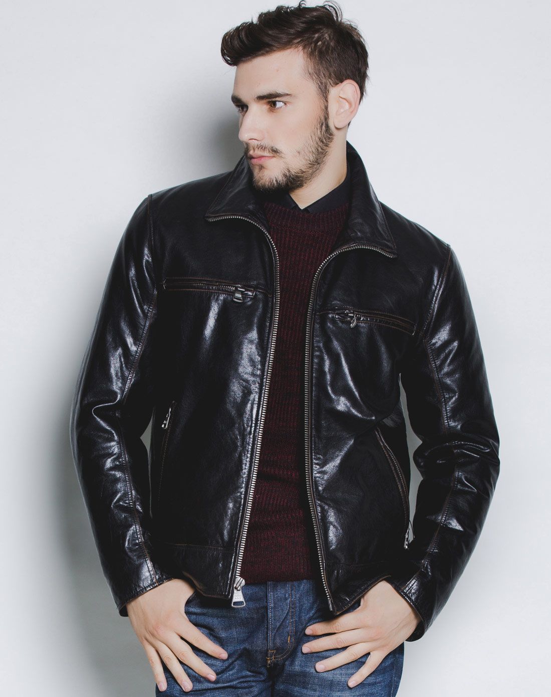 andrewmarc男款黑色时尚帅气长袖皮衣