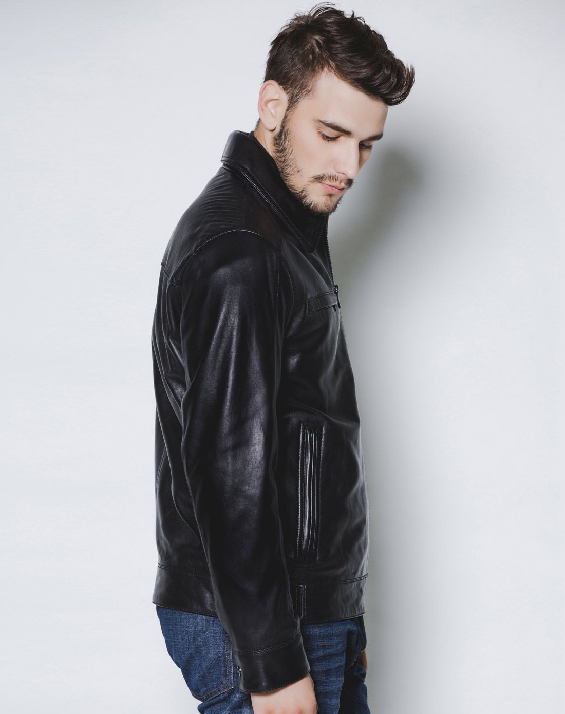 andrewmarc男款黑色斯文绅士长袖皮衣