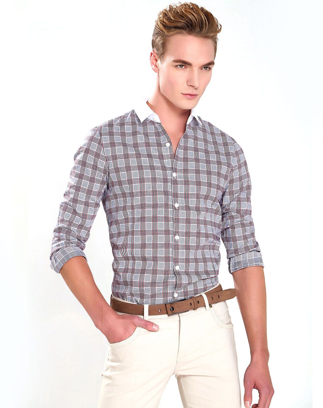 汉崇himuomo男装移动端专场红/蓝色格纹翻领长袖衬衫86151-401141r