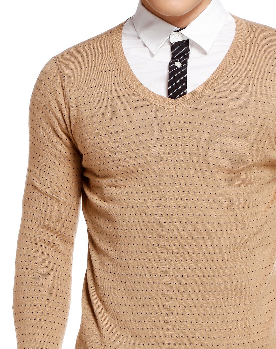 男款小麦色v领全身芝麻点提花线衫