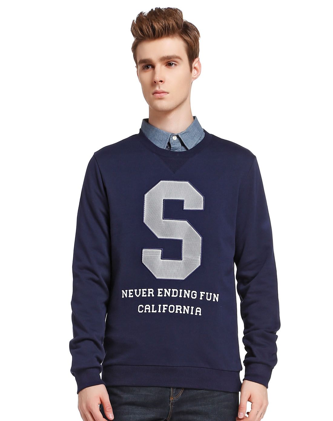 藏蓝色潮流字母长袖卫衣t恤