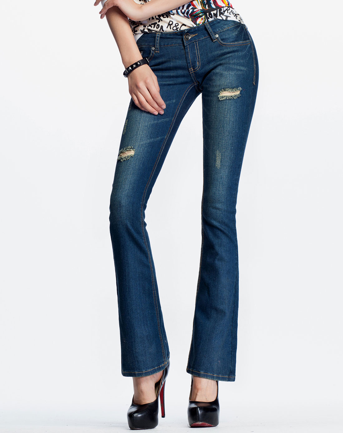 七格格旗下品牌女装专场-othercrazy 女款深蓝色磨破低腰牛仔裤