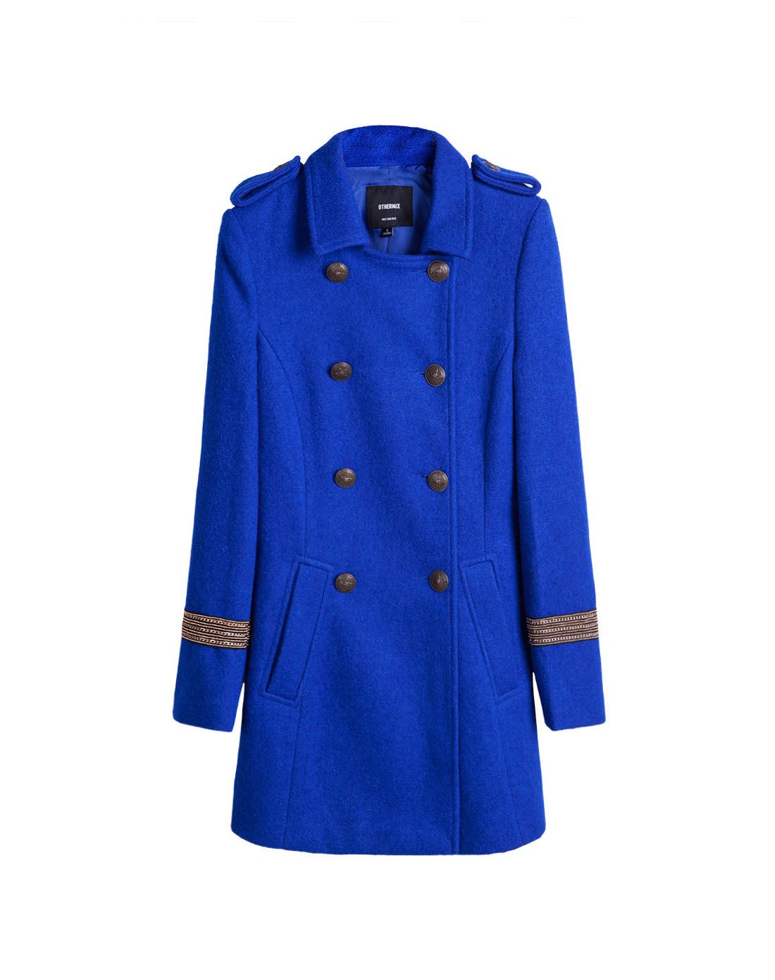 other mix电光蓝 收腰军装风毛呢大衣