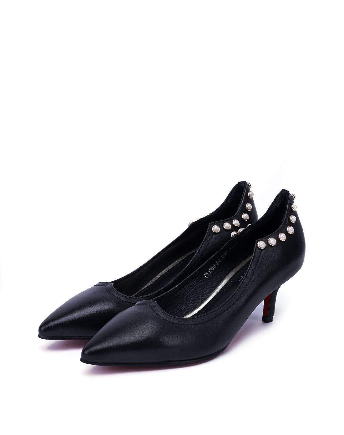 女士黑色rivet手工珠钉进口牛皮高跟鞋
