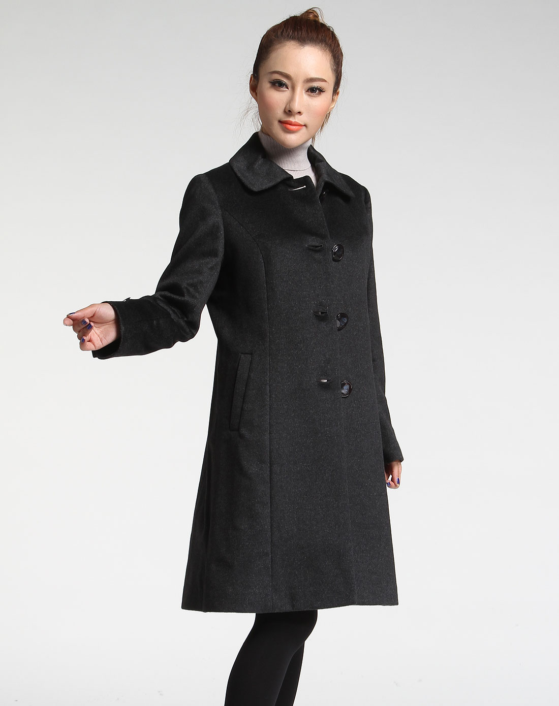 菲姿feizi女装专场-深灰黑色翻领时尚长袖羊绒大衣
