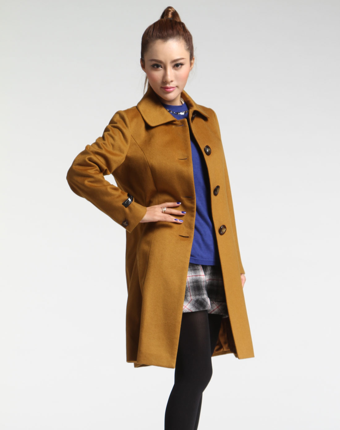 菲姿feizi女装专场-芥黄色翻领时尚长袖羊绒大衣