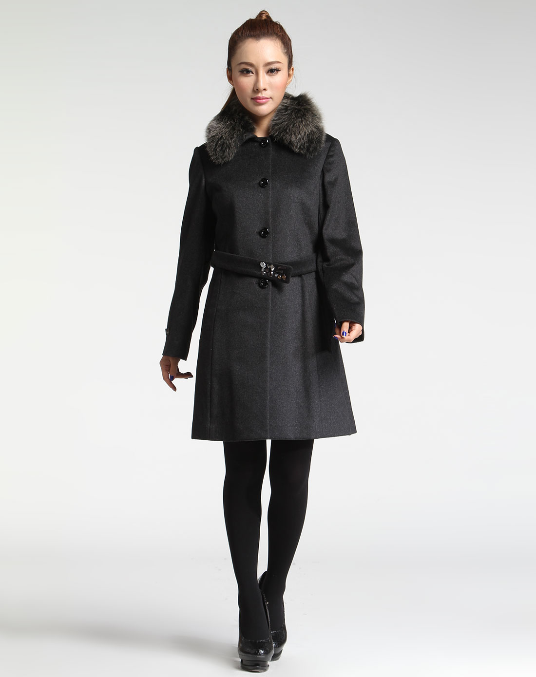 菲姿feizi女装专场-深灰色毛领长袖羊绒大衣