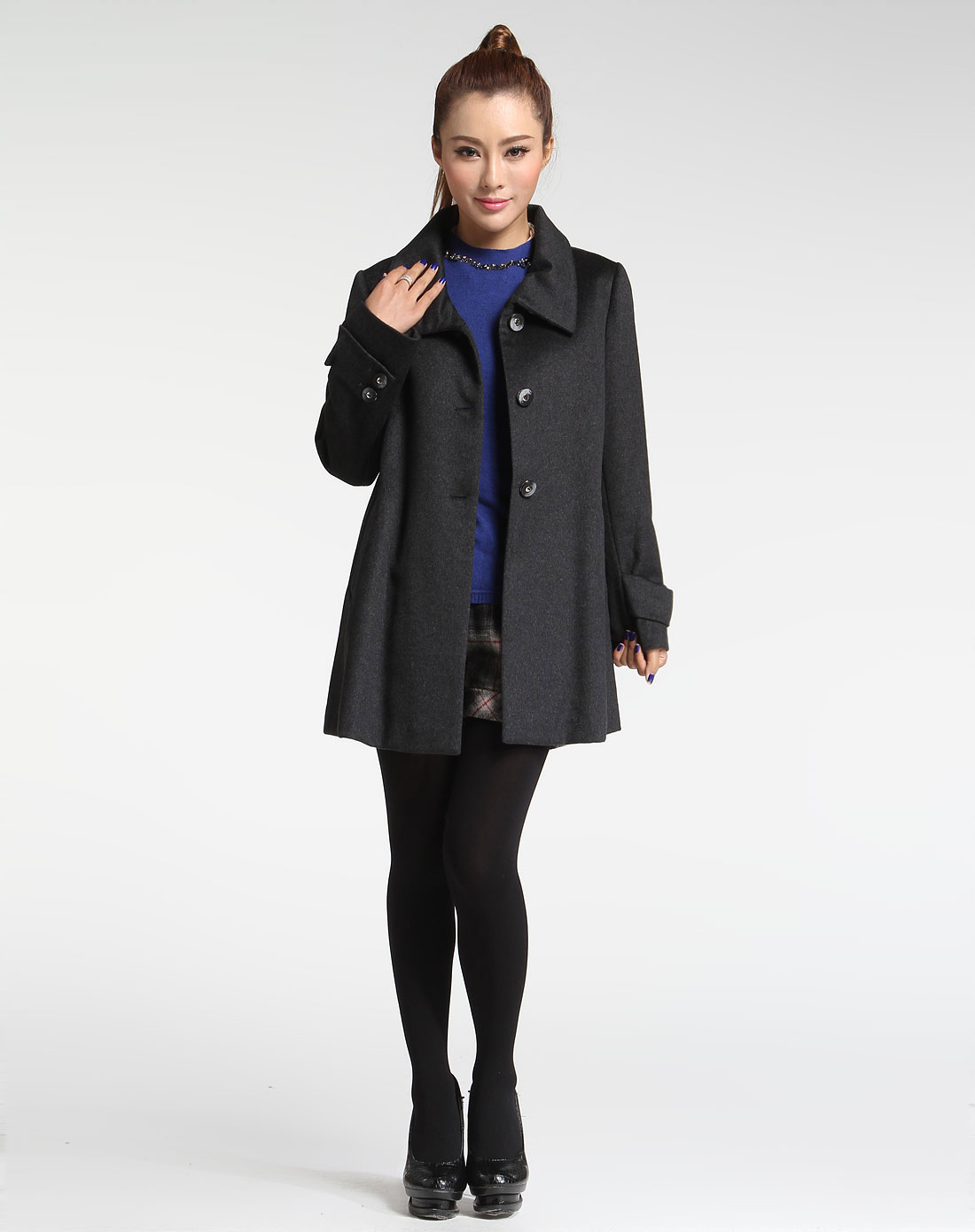 菲姿feizi 深灰色时尚羊绒长袖大衣