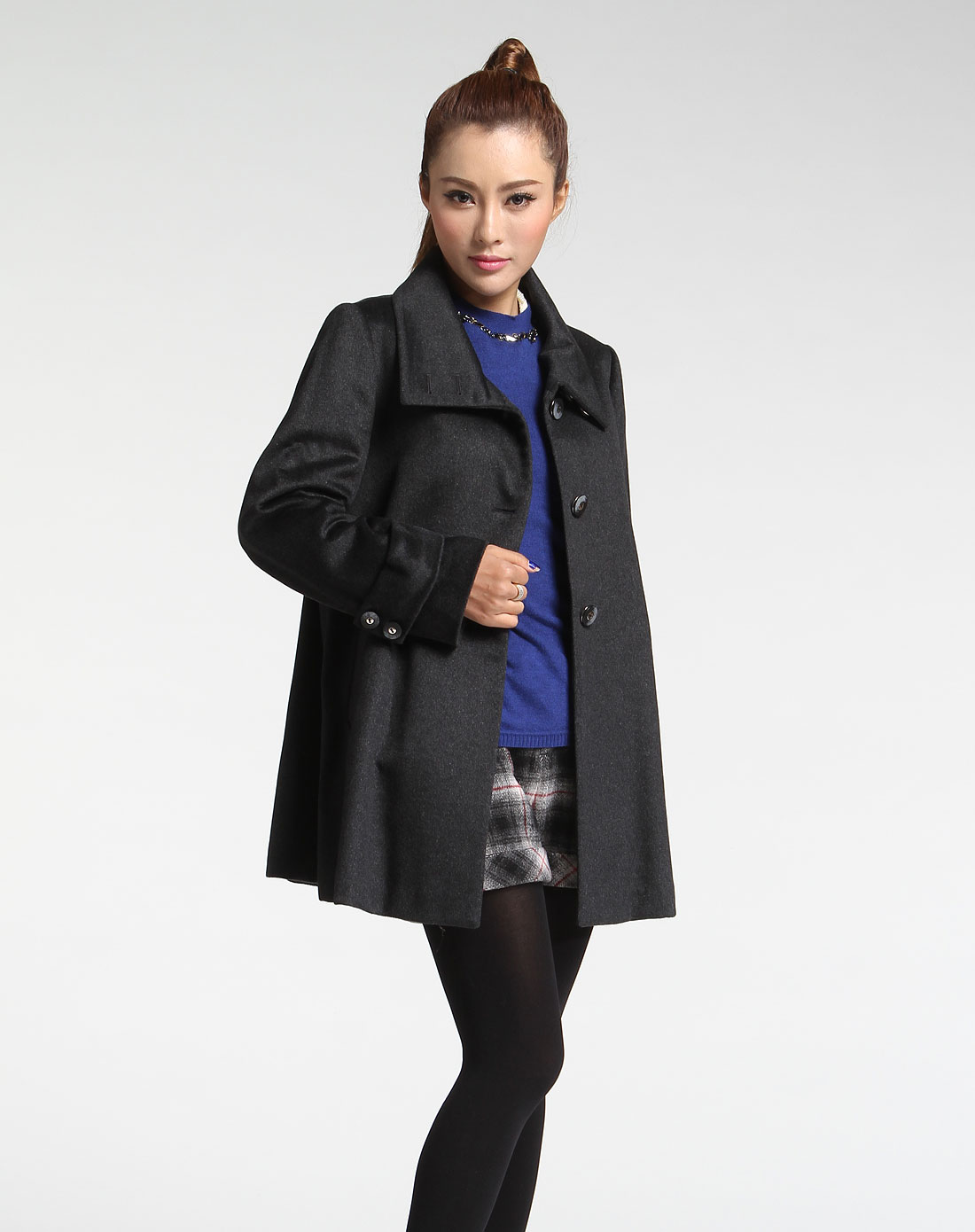 菲姿feizi 深灰色时尚羊绒长袖大衣