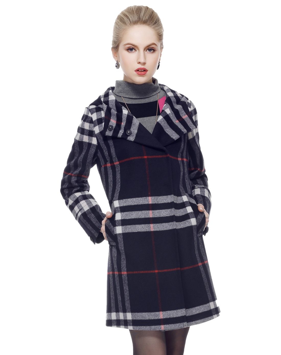 女蓝格羊毛大衣