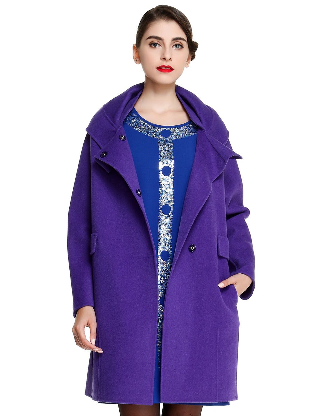 紫罗兰色魅力大方长袖羊毛大衣