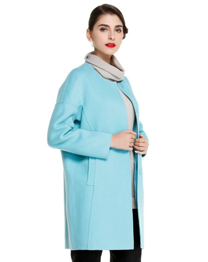 海蓝色斯文大方长袖羊毛大衣