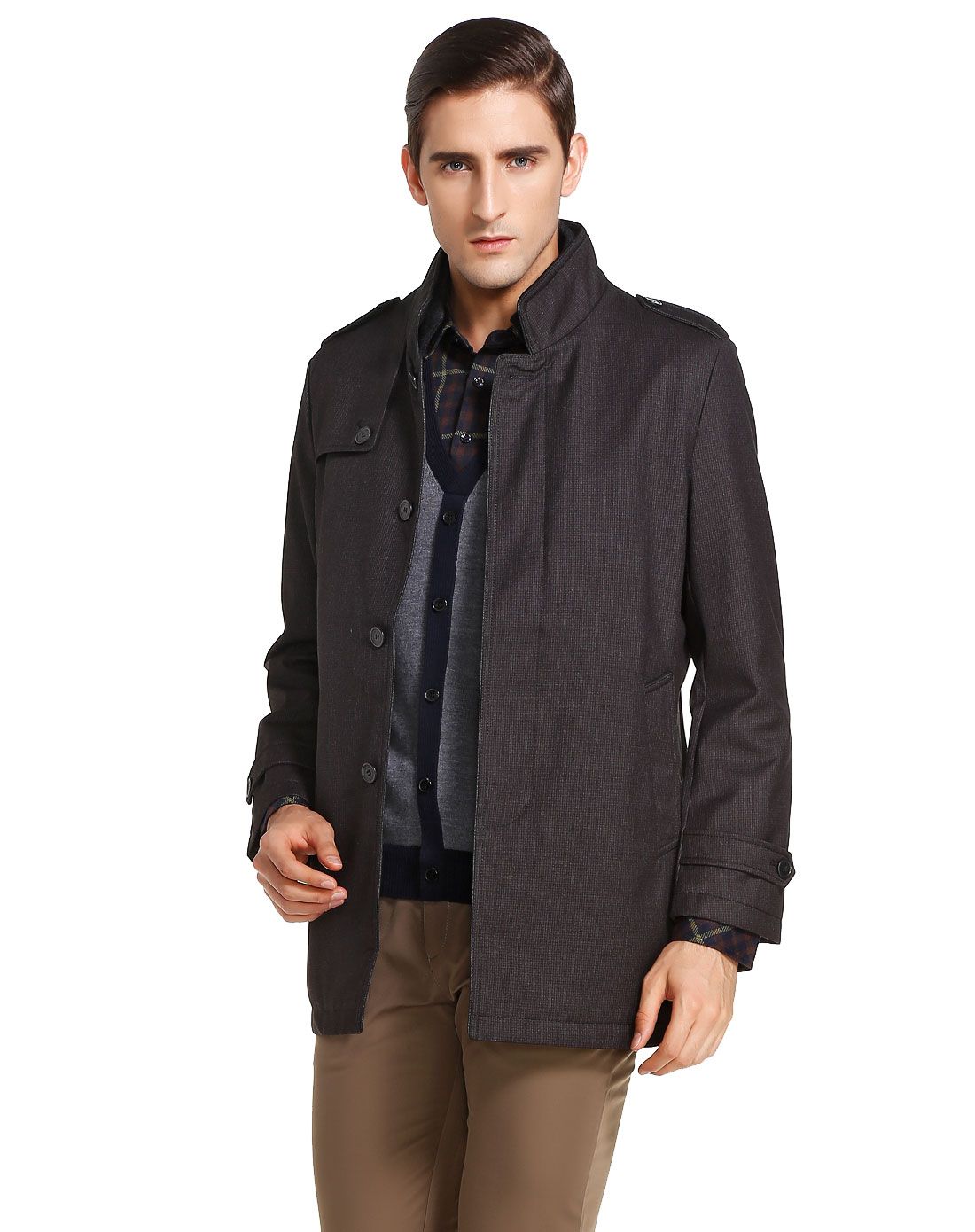 劳斯顿lawsiton可脱卸内胆千鸟格暗纹优雅立领深灰色长袖外套22070423