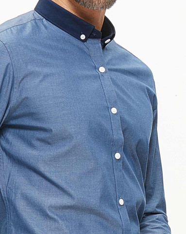 蓝灰异色领休闲平纹长袖衬衫