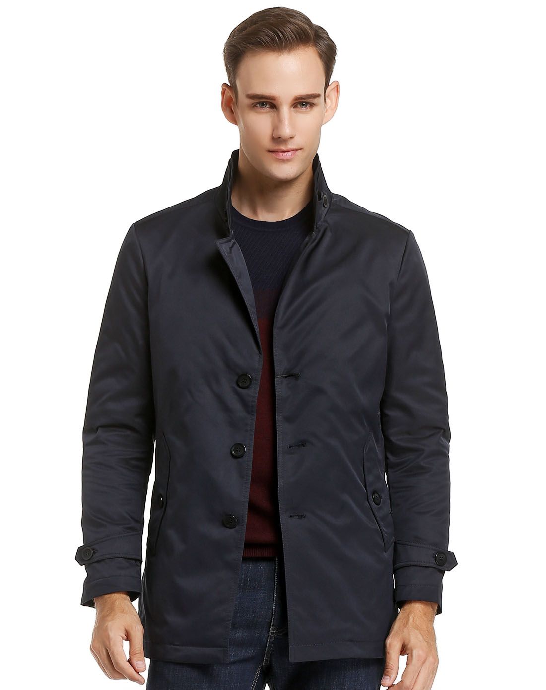 博斯绅威bosssunwen男装冬装外套专场深蓝色时尚休闲夹棉风衣