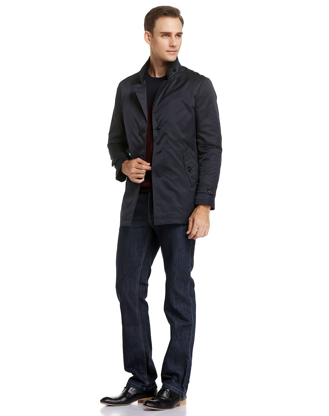博斯绅威bosssunwen男装冬装外套专场深蓝色时尚休闲夹棉风衣