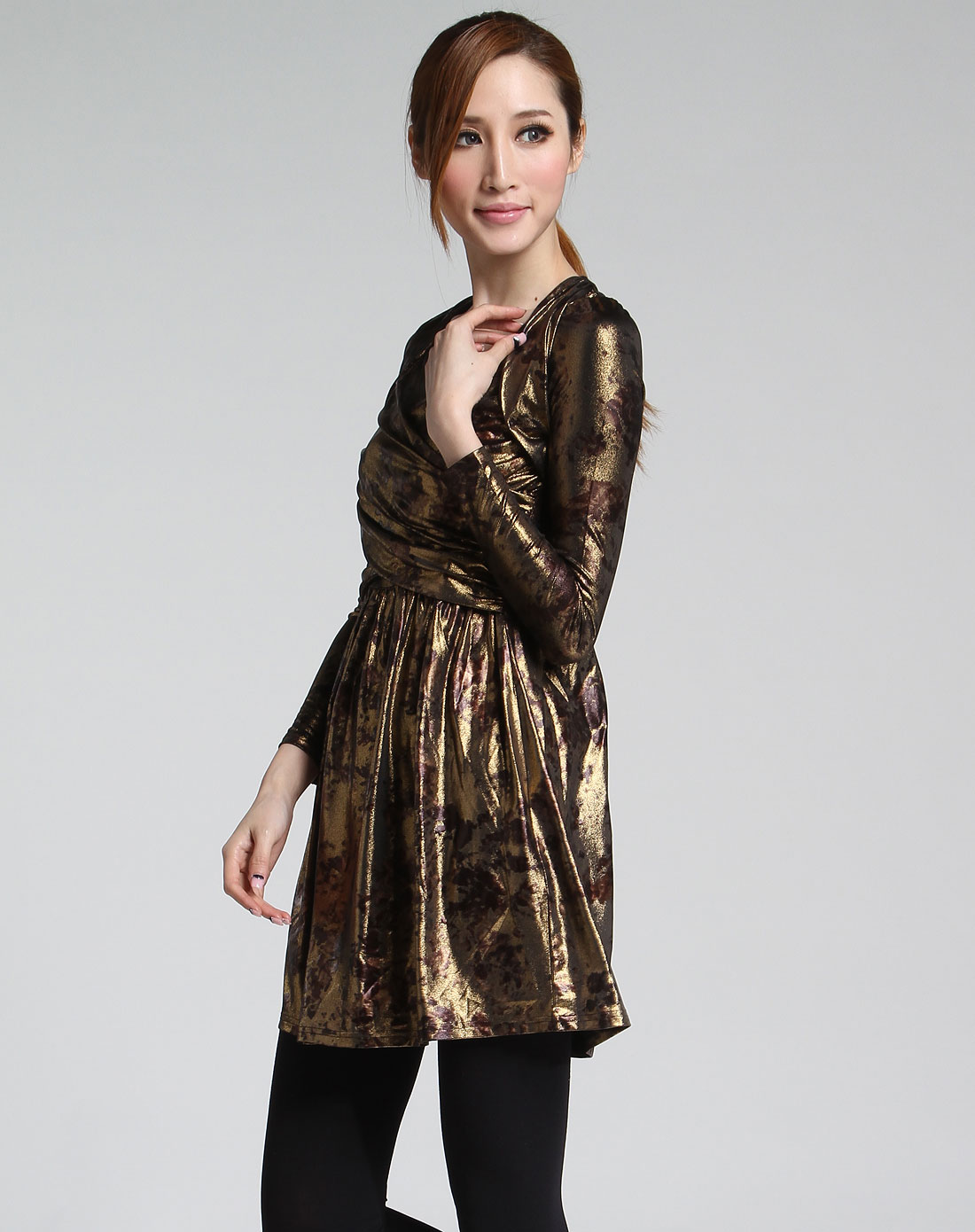 爱特爱eitie女装专场 暗金/啡色时尚纹路长袖连衣裙