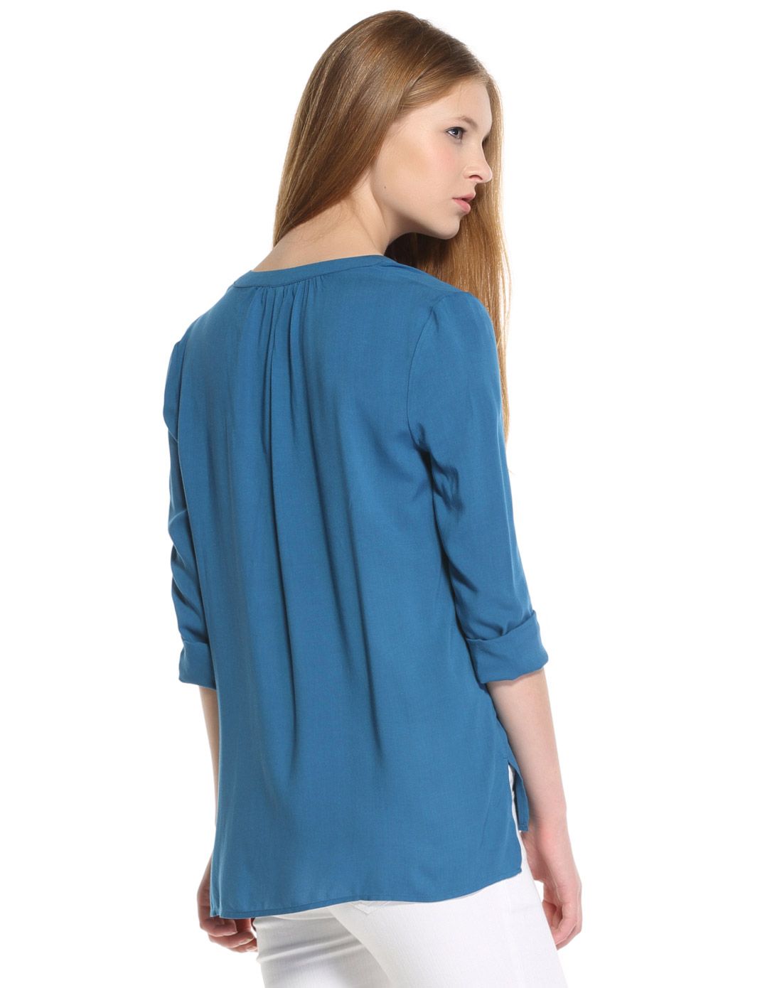 深绿蓝简约时尚百搭v领长袖衬衫