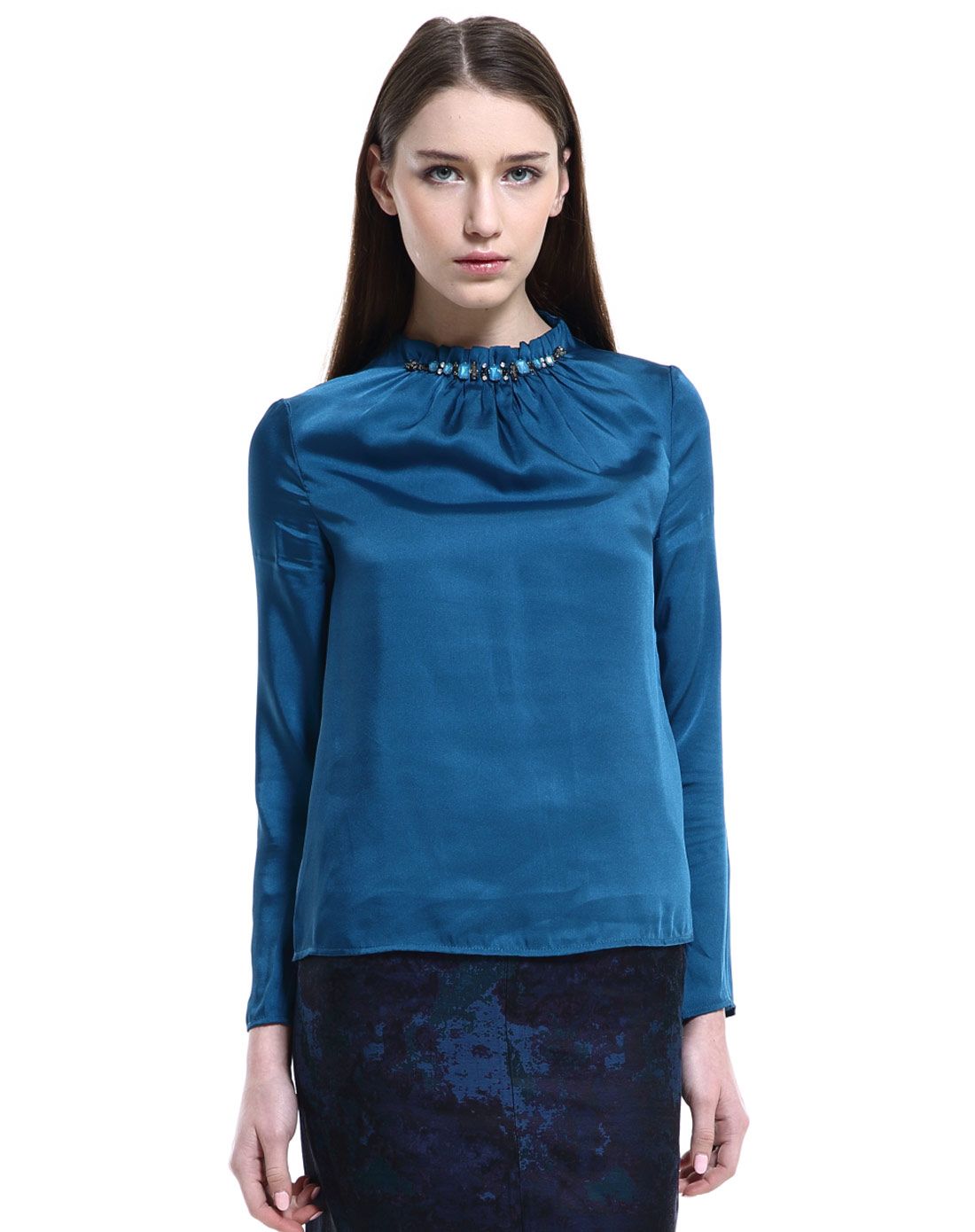 深绿蓝商务百搭修身镶钻长袖衬衫