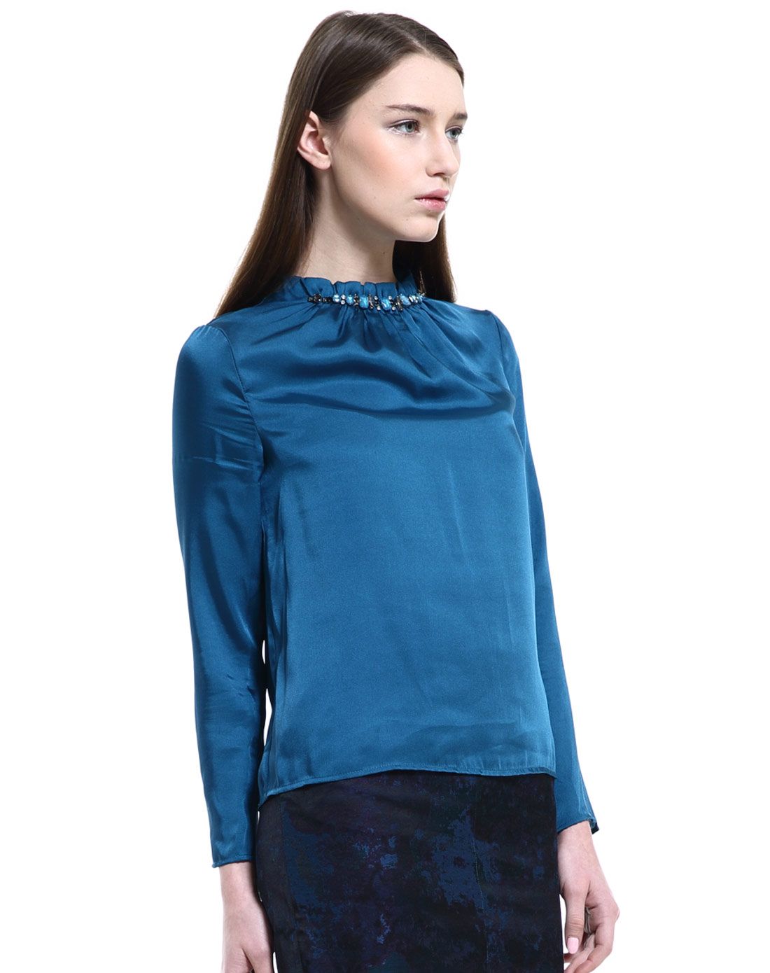 深绿蓝商务百搭修身镶钻长袖衬衫