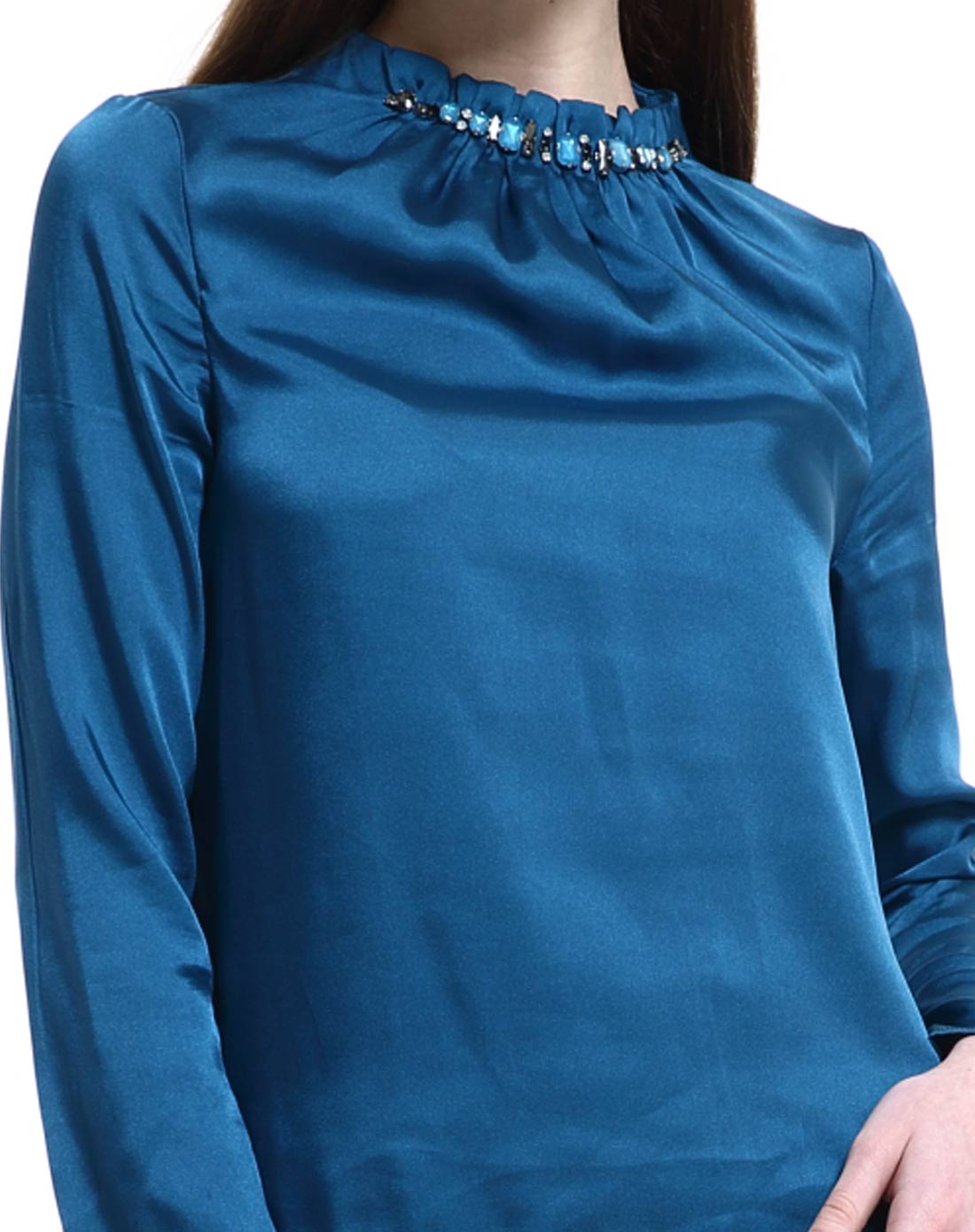 深绿蓝商务百搭修身镶钻长袖衬衫