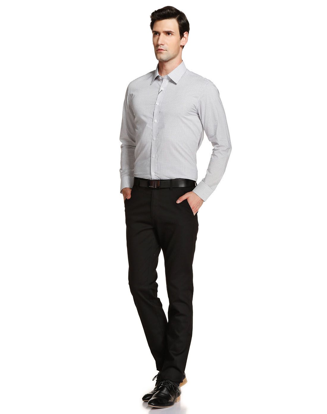 浅灰色斯文格子长袖衬衫