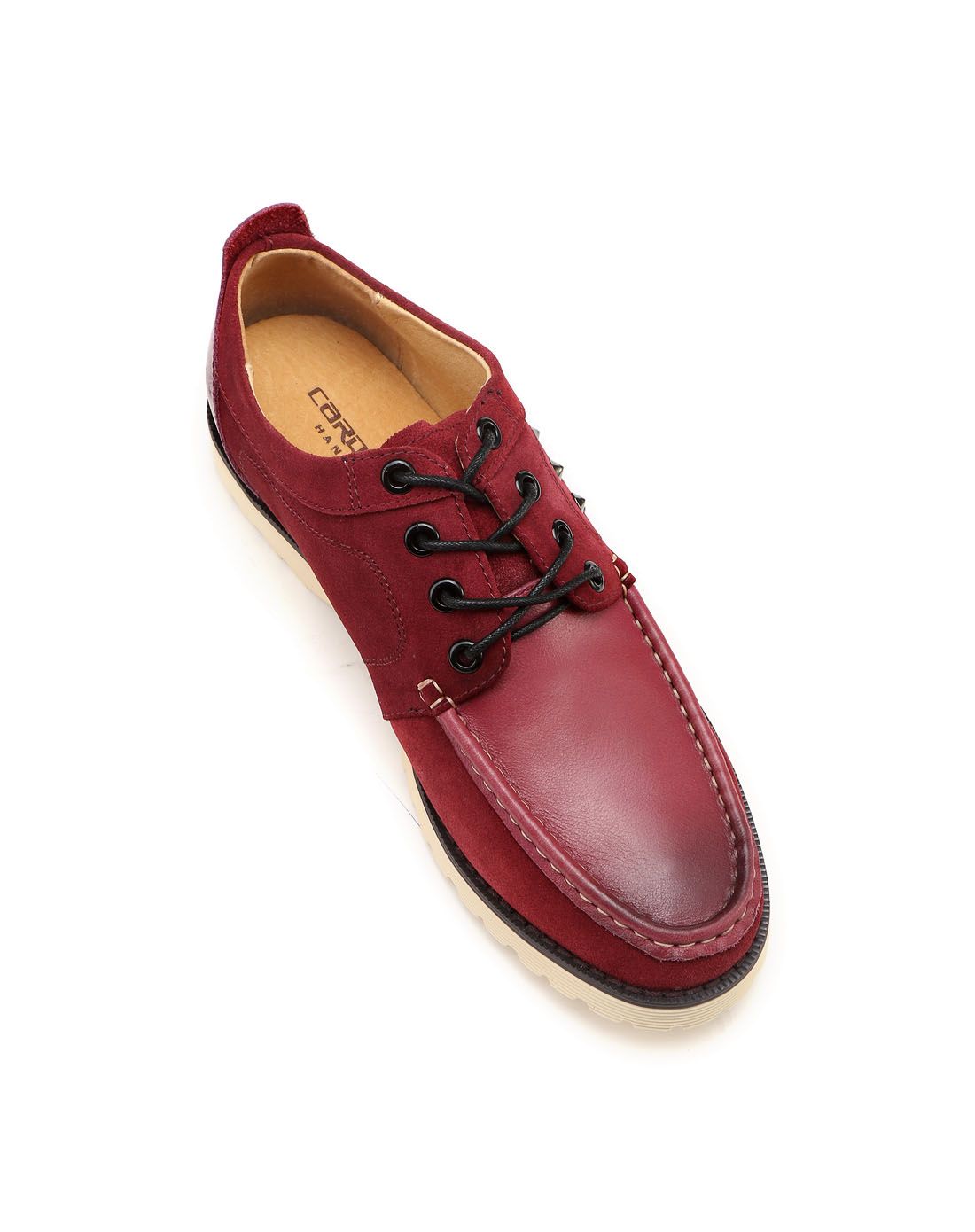 卡丹路cardanro 酒红色牛皮革铆钉装饰时尚系带休闲鞋