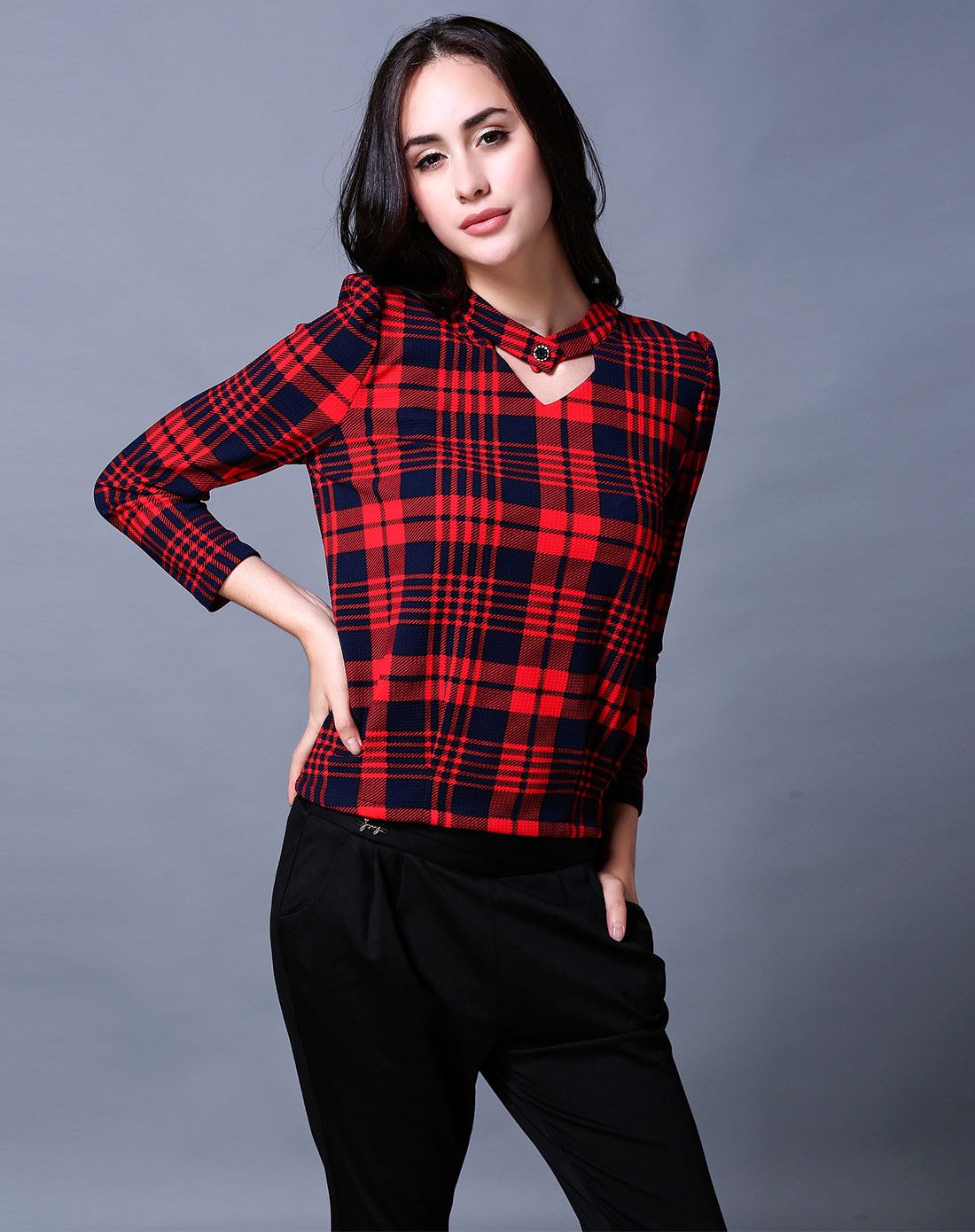 女款青红色v领格子上衣