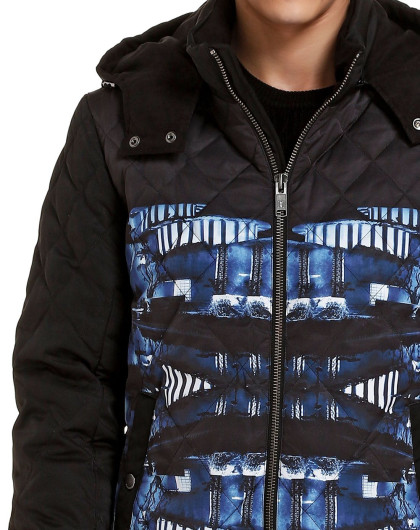 blackgateone67蓝/黑色印花连帽长袖羽绒服b41445461_唯品会